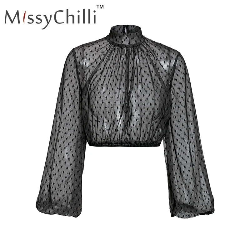 Женский укороченный топ в горошек MissyChilli винтажный сетчатый с длинным рукавом и