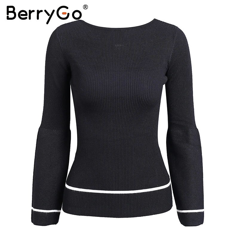 BerryGo Elegant knitted pullover sweater Women warm gray long sleeve jumper Autumn winter 2017 black knitting o neck pull femme | Женская