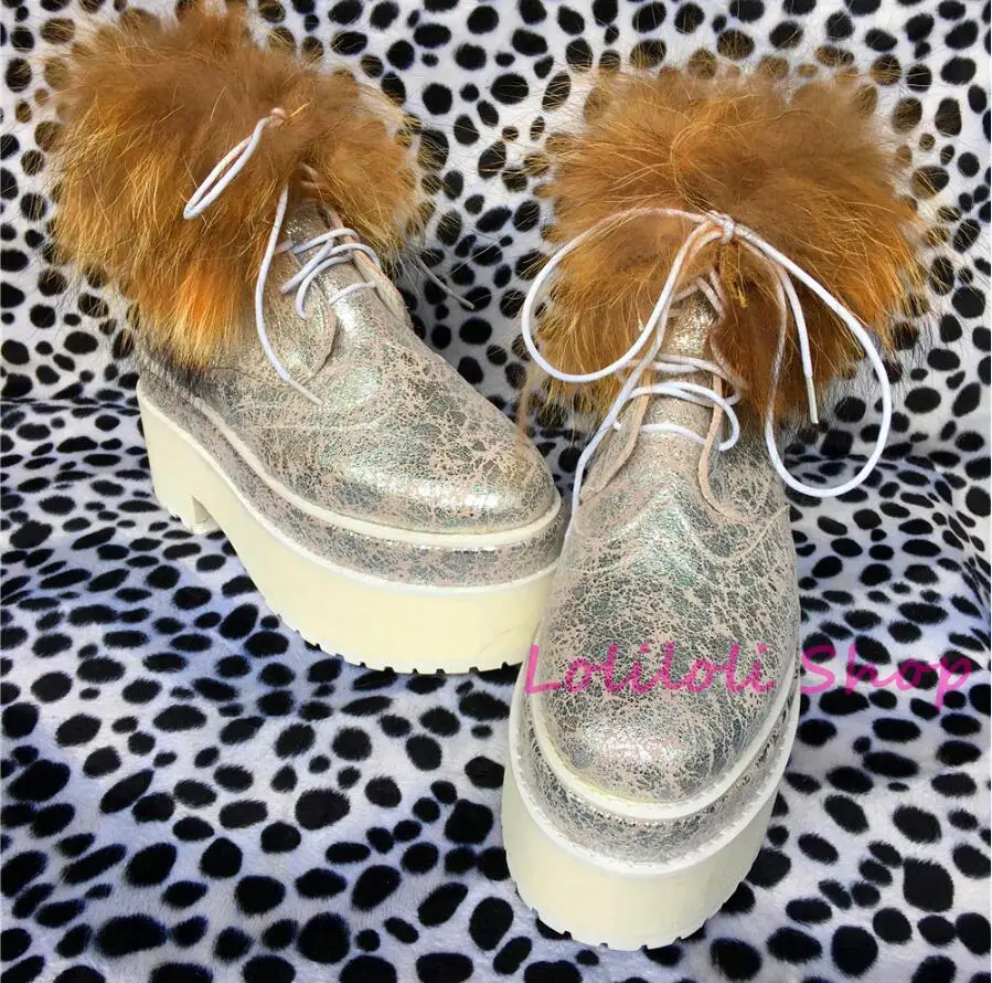 melhor Princesa Doce Lolita Sapatos Lolilloliyoyo Antaina Design Japonês Sapatos Feitos Sob Encomenda Sapatos Planos De Couro Prateado Com Pele De Raposa Yd001-3