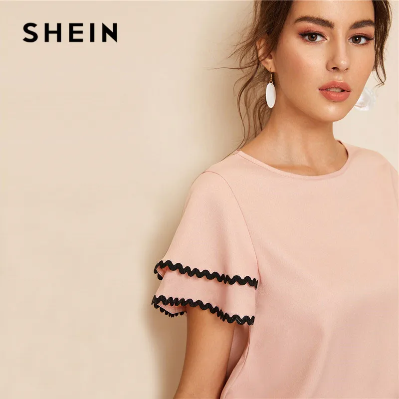 SHEIN розовая контрастная волнистая кружевная отделка, многослойная женская блузка с рюшами на рукавах, топ, летняя однотонная Повседневная блуза с круглым вырезом и коротким рукавом