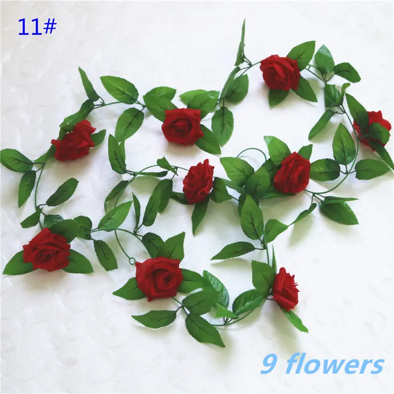 11Red -9 flower 1pcs/lot 230-250cm Artificial Flowers Silk Roses Ivy Vine diy with Green Leaves Fake leaf artificial flowers for home decoration - Цвет: 11Red -9 flower