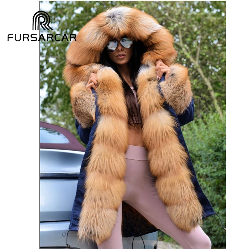 

FURSARCAR Women Real Fur Coat Casual Parka With Thick Gold Fox Fur Trim Hood And Cuff New Winter Luxury Female Fur Parka