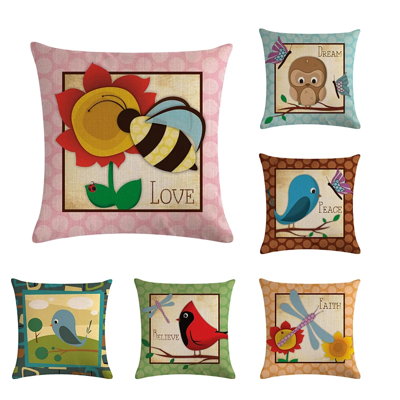 Симпатичные Мультяшные хлопковые льняные подушки с принтом птицы стрекозы пчелы