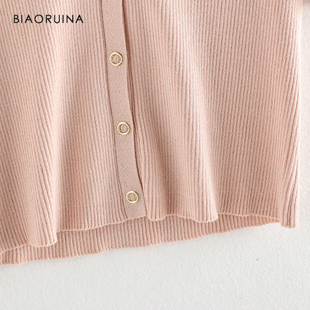 BIAORUINA Women American Style Vertical Solid Stripes Knitted Sweater Female Elegant V-neck Covered Button Casual Cardigans |
