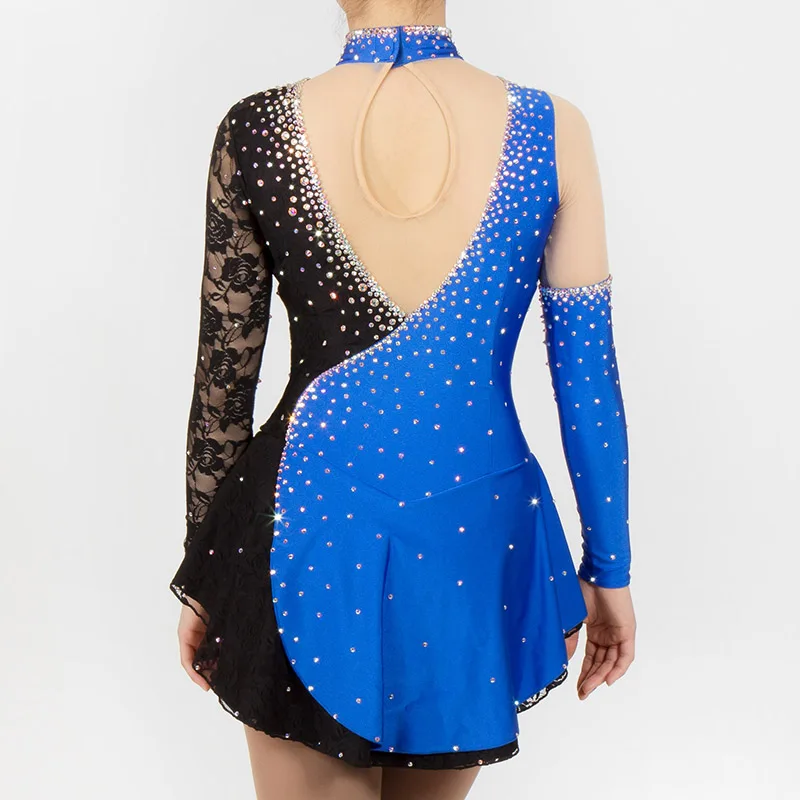 Платье для фигурного катания женское платье на коньках синее черное кружевное с