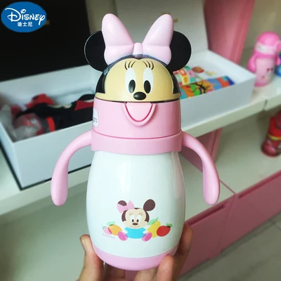 pink Minnie Disney Baby термос из нержавеющей стали, чашка для кормления, обучающая Питьевая чашка с соломинкой, термобутылка, вакуумная колба - Цвет: pink Minnie