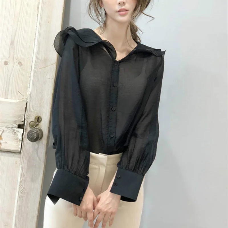 

Women Chiffon Blouse Falbala Neckline Tops Long Sleeve Shirt See-through Tunic Loose Summer Ruffles Lantern Sleeve Solid 236-032