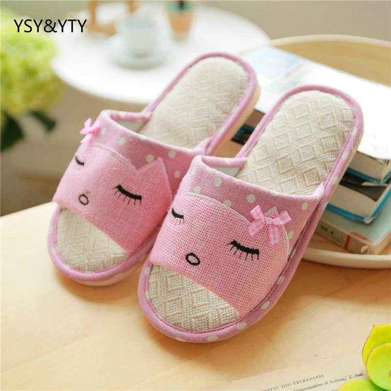 

2019 new Summer linen slippers ladies living home anti-skid cotton thick cute cartoon indoor summer floor cooler slippers