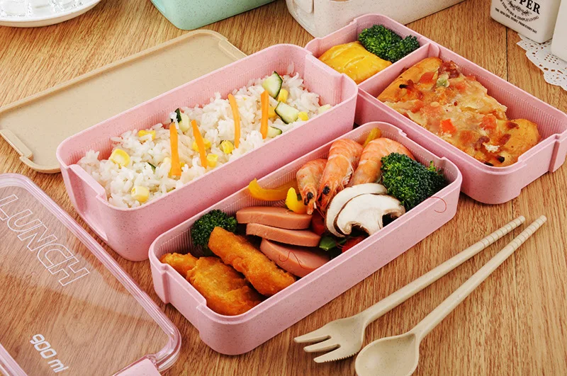 3 Слои Коробки для обедов здоровый Материал пшеничной соломы Bento Коробки микроволновая посуда Еда контейнер для хранения 900 мл