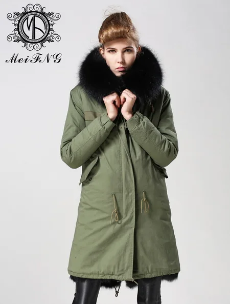 Зимняя Модная парка с искусственным мехом черного цвета зеленая/темно