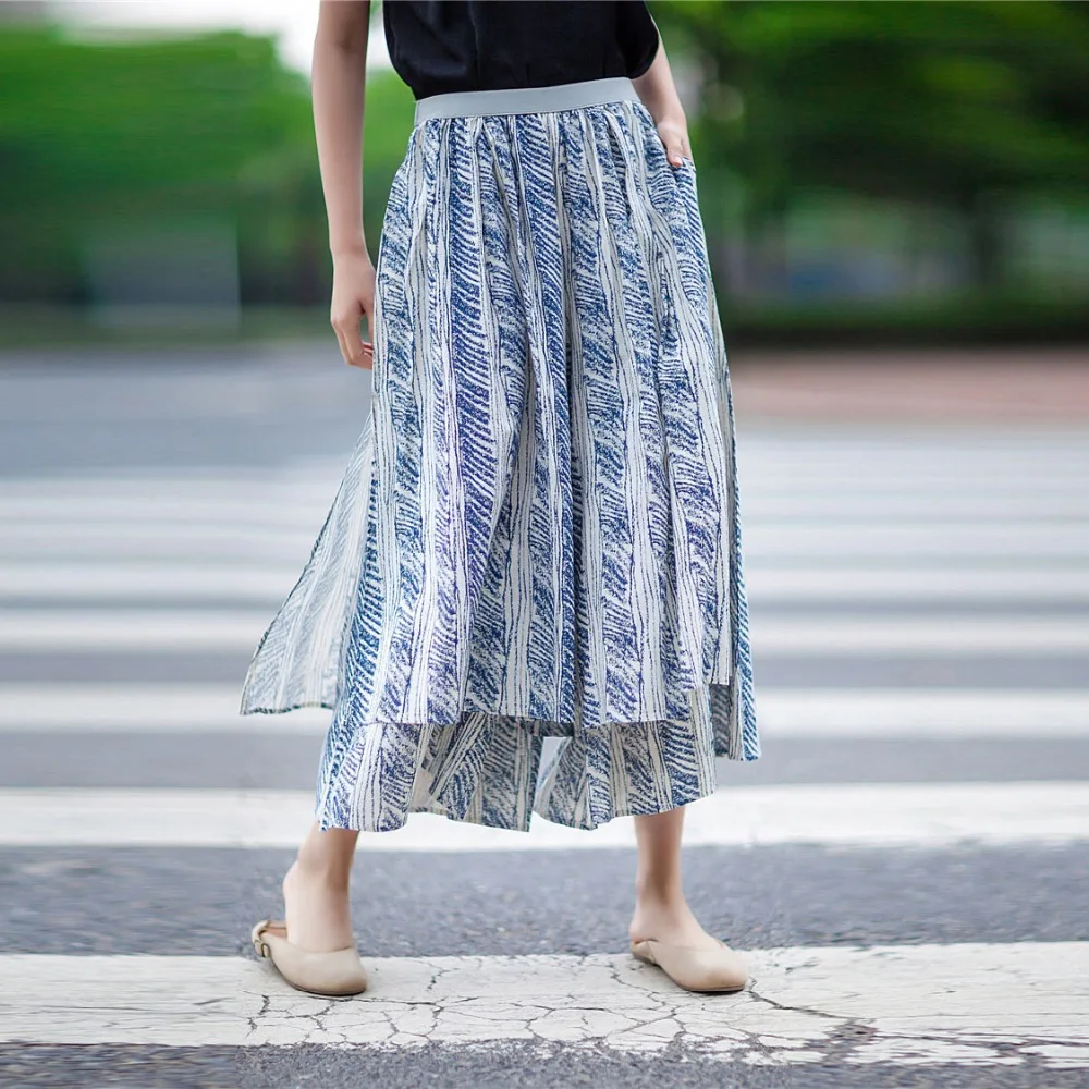 New Flowing irregular culotte summer trousers with batik cotton and linen wide pants loose double layer printed pantalon | Женская