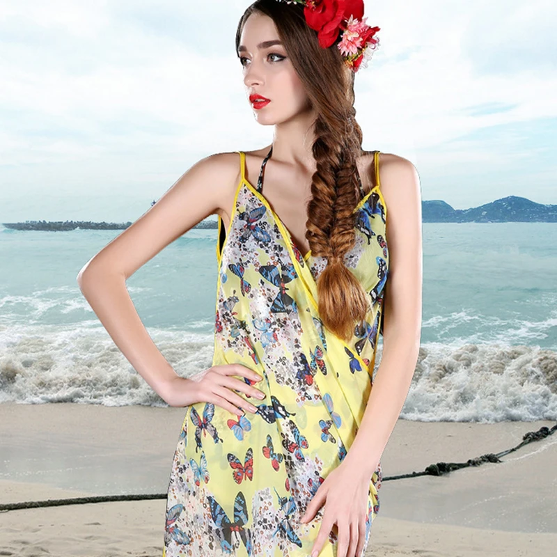 Женское пляжное платье-шаль без рукавов с V-образным вырезом и цветочным принтом |