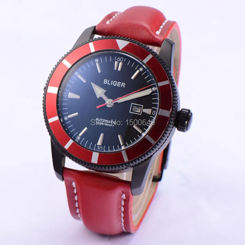 BLIGER 46mm Stainless PVD BLACK steel case luminous watch hand red strap black dial automatic mens Date wrist watches