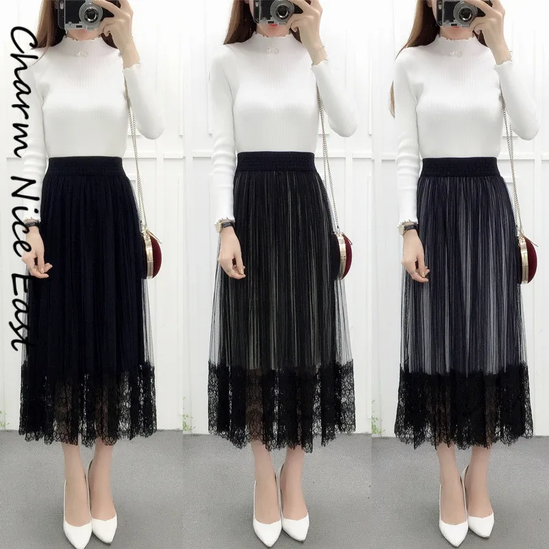 2018 Summer Fashion Gold Velvet lace skirt women Pleated Elegant Chic Mesh Mid-long Casual Solid color Sexy | Женская одежда