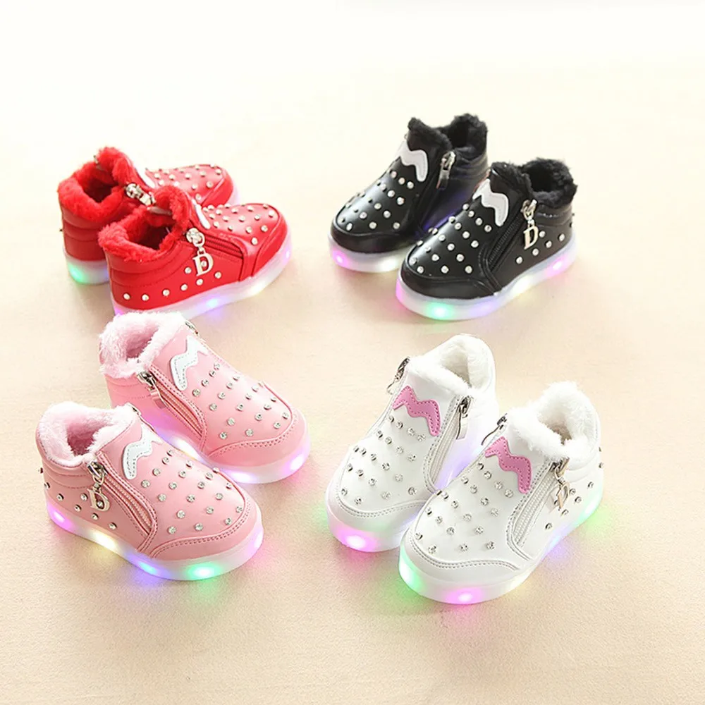 Children Baby Girls Zip Crystal Led Light Luminous Running Sport Sneaker Shoes | Детская одежда и обувь