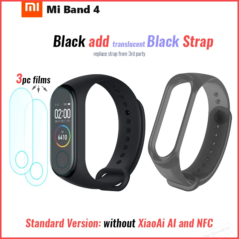 Xiaomi Mi смарт-браслет 4 Bluetooth 5,0 фитнес-браслет AMOLED цветной сенсорный экран Музыка AI пульс - Цвет: add film T black str