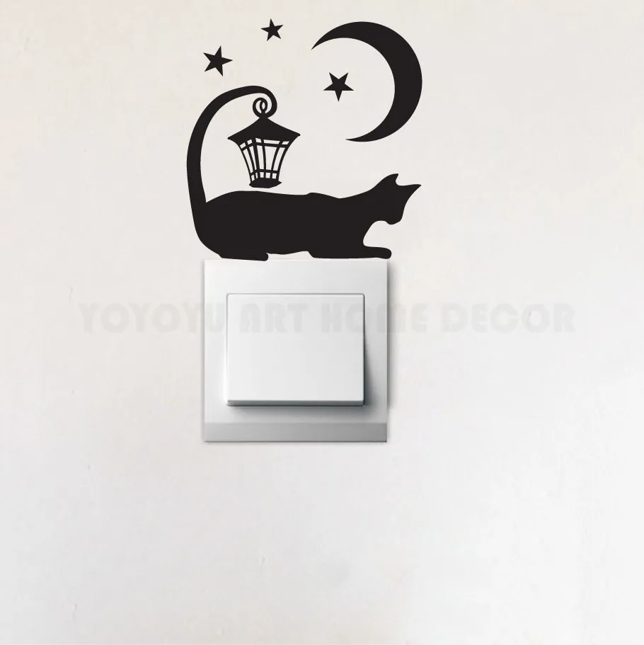 Кот с Луной и звездами Фонари виниловые Стикеры для выключателя арт съемный
