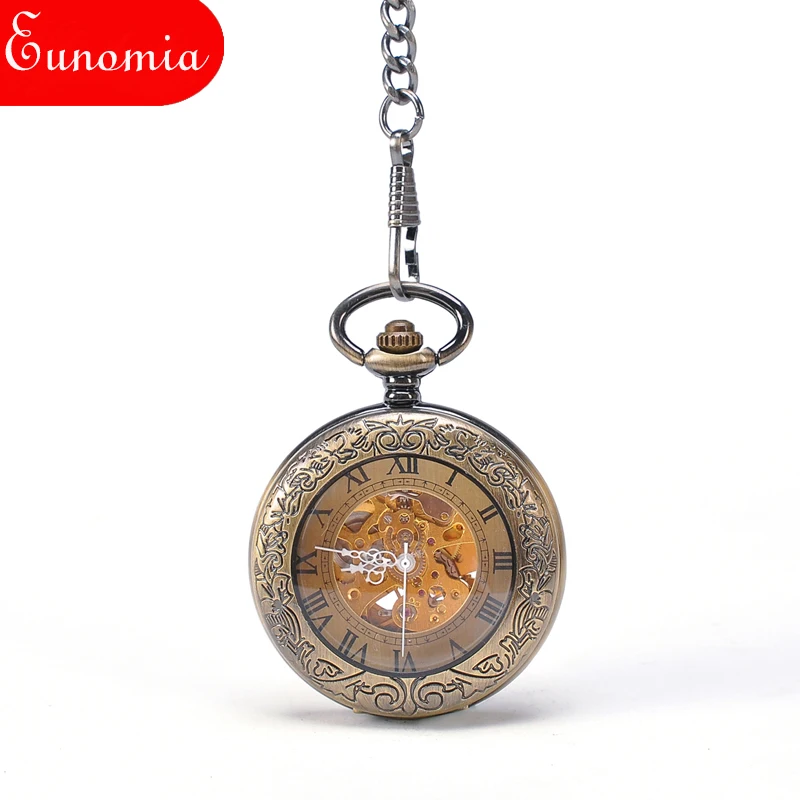 Круглые бронзовые прозрачные Механические карманные часы с цепочкой для ключей
