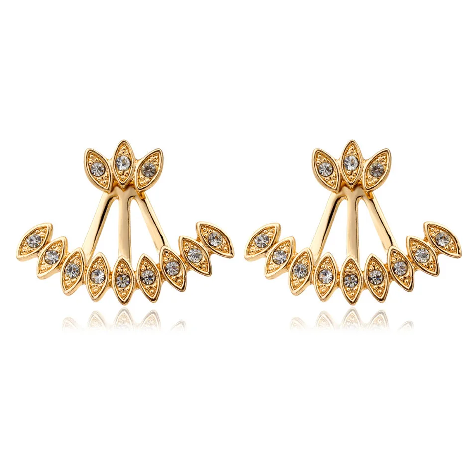 Двусторонние серьги гвоздики золотого цвета с перьями павлина и фианитами|stud