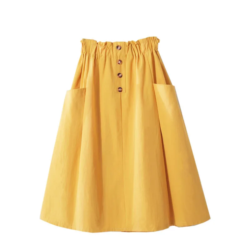 

PEONFLY New 2019 Summer Skirts Women Mid Calf Korean Elegant Button Pockets High Waist Skirt Female Pleated School Skirt