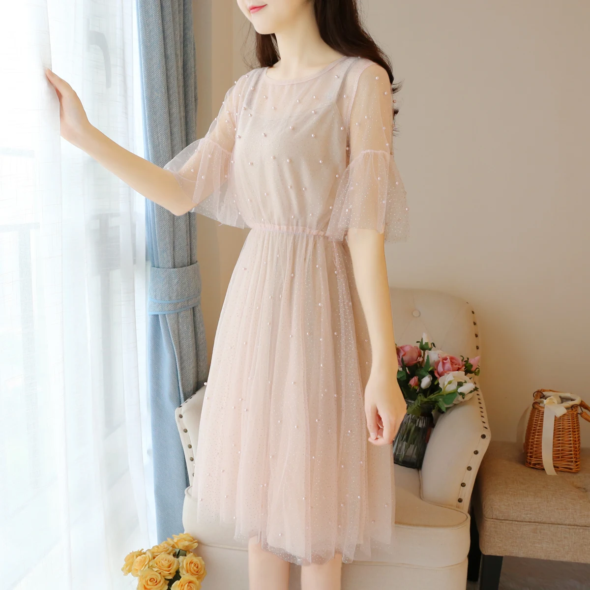 Платье феи милое Сетчатое уличное платье из двух предметов летнее женское в