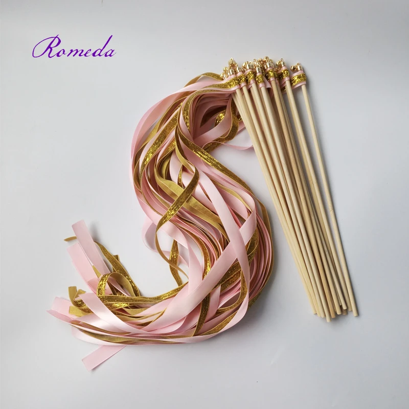 Hot Selling 50Pieces/Lot gold glitter + pink stain ribbon wands wedding stick confetti for party decoration | Дом и сад