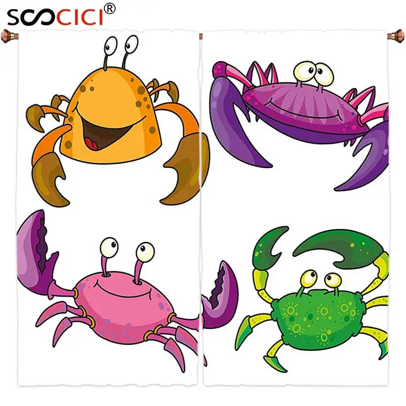 

Шторы на окна 2 панели, декор из крабов, детский Декор, иллюстрация забавного краба, мультяшный стиль, принт, фиолетовый