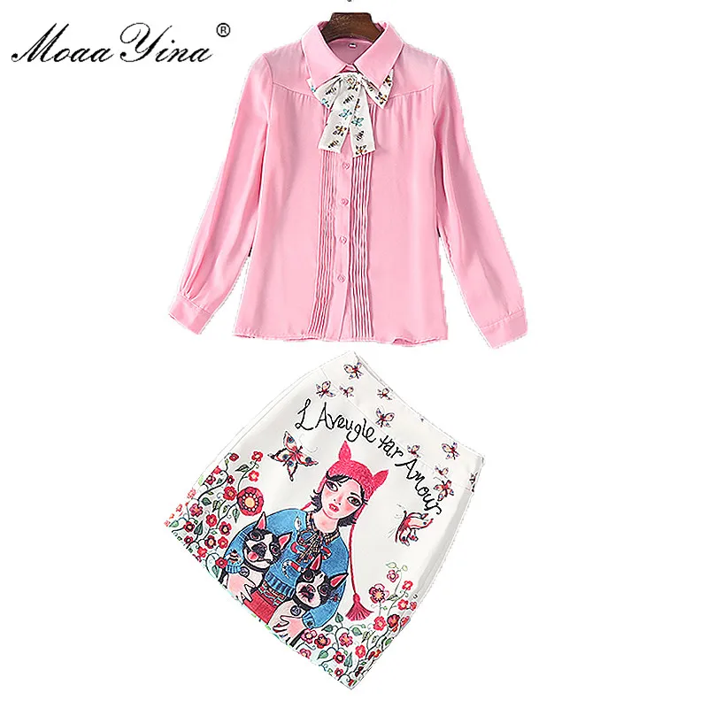 MoaaYina Designer Set summer Women Long Sleeves Bowknot Crystal Ruched Pink Shirt+Cartoon Character Sexy Mini Short Skirts | Женская