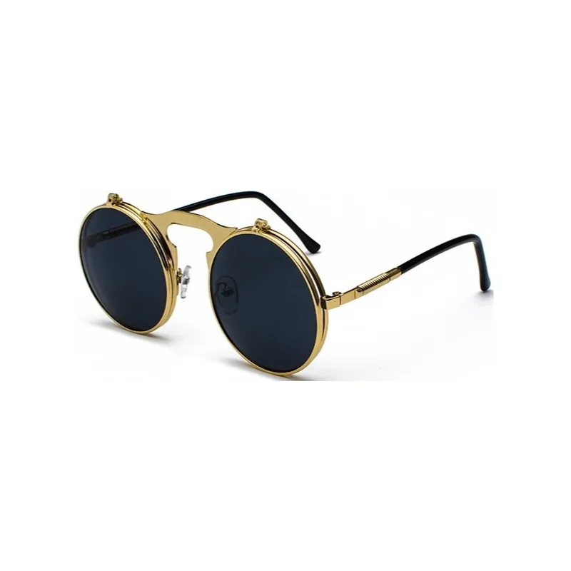 Gold Black Ретро стимпанк Круглый Винтаж Круглый флип-ап солнцезащитные очки для женщин и мужчин в стиле панк Солнцезащитные очки металлическая оправа черные солнцезащитные очки для мужчин UV400 - Цвет линз: Gold Black