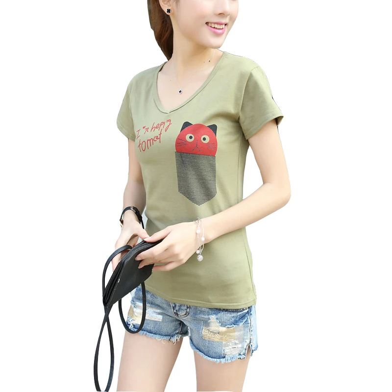 Женская хлопковая футболка с коротким рукавом V образным вырезом и карманом|t-shirt
