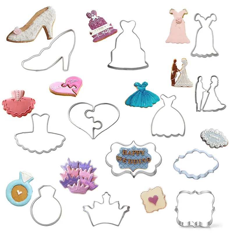 

12pcs/lot Wedding Cake Decorating Tools Metal Cookie Cutters Fondant Cake Molds Kitchen Accessories Dress Bride Heart Crown ZH06
