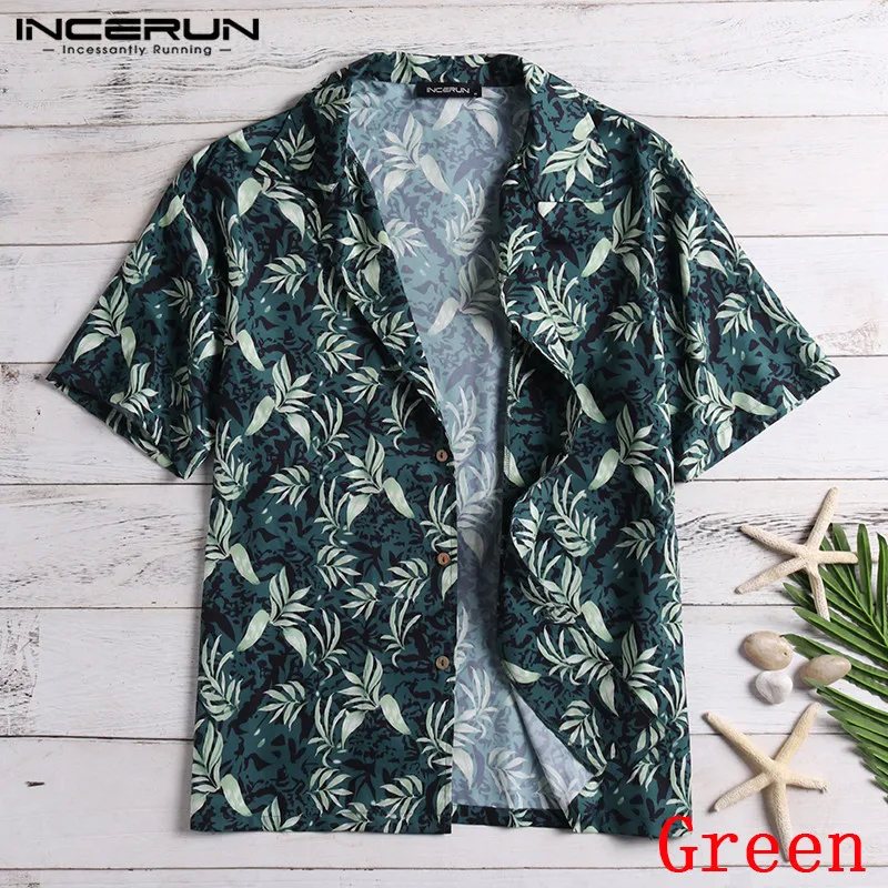 Green Shirt INCERUN, летняя новинка, цветочный принт, Мужская гавайская рубашка, свободная, короткий рукав, отложной воротник, для отпуска, тропические, пляжные Рубашки, Топы - Цвет: Green Shirt