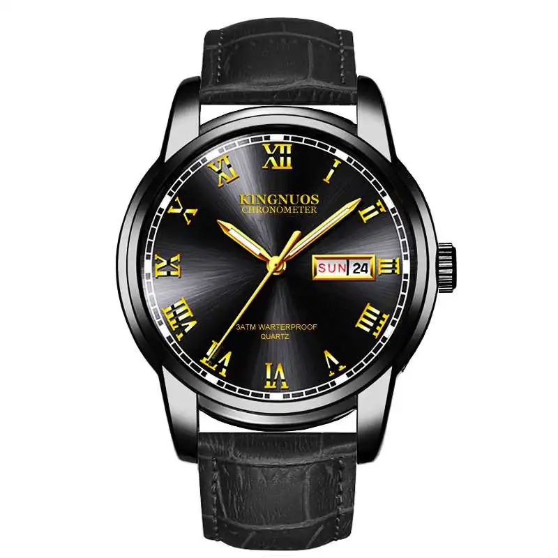 black and gold KINGNUOS мужские водонепроницаемые часы кварцевые деловые часы лучший бренд класса люкс мужские повседневные спортивные часы мужские Relogio Masculino - Цвет: black and gold