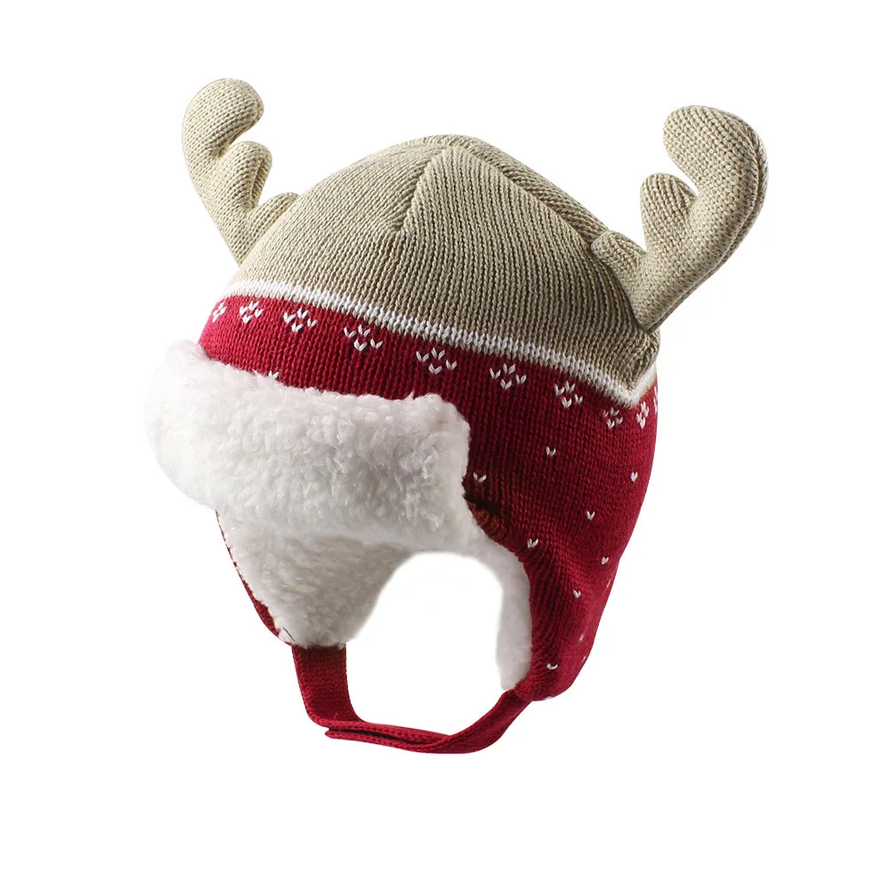 Elk Christmas Baby Hat Cartoon Winter Beanie Knit Warm Boy Fleece Lined Cute Toddler Girls Boys Clothing | Детская одежда и обувь