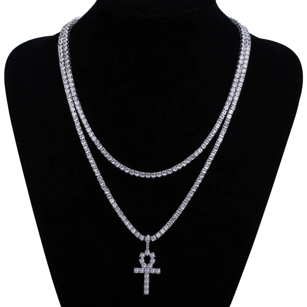 

Men Women Alloy Hip Hop Iced Out Ankh Cross Pendant Tennis Chain CZ Egyptian Key Of Life Pendant&Necklace Jewelry Gift