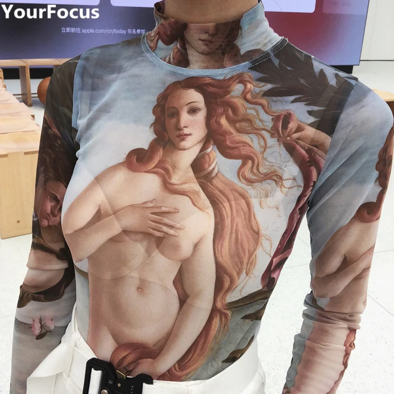 Harajuku vintage ins hot Greek mythology pattern printing Venus goddess of love long sleeve mesh fabric women tshirts tee YQ-891 | Женская