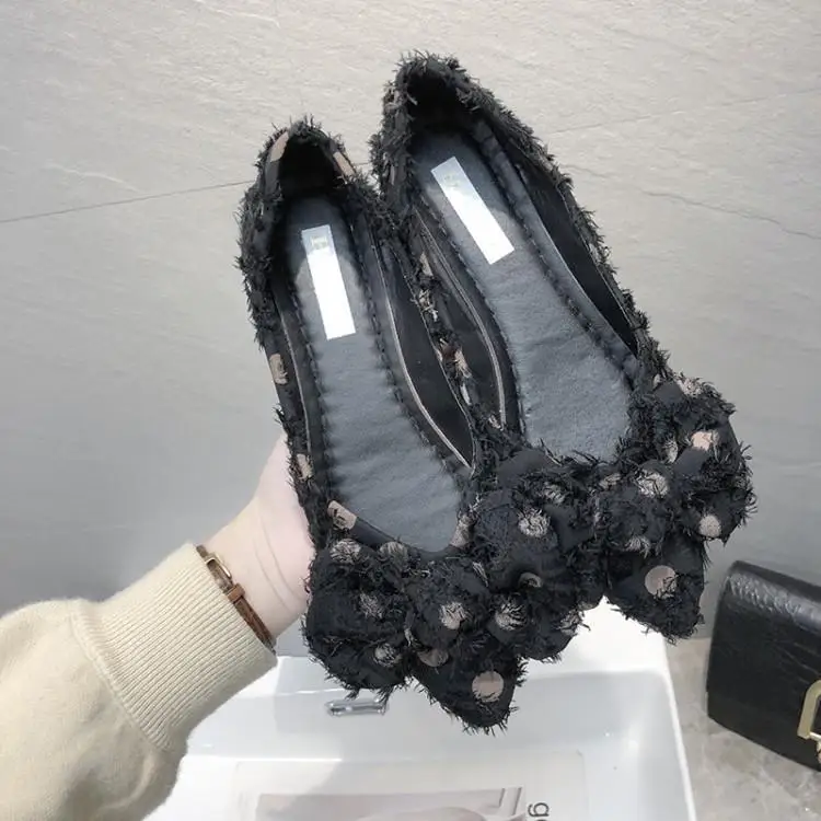 Cute Dot Black White Pink Suede Women Flats Pointed Toe Soft Massage Rubber Heels Shoes Chic Bowtie Slip On Zapatos Mujer | Обувь
