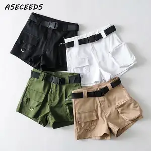 Летние шорты 2019, сексуальные эластичные шорты с высокой талией, женские черные шорты с поясом, винтажные корейские хлопковые байкерские шорты с карманами