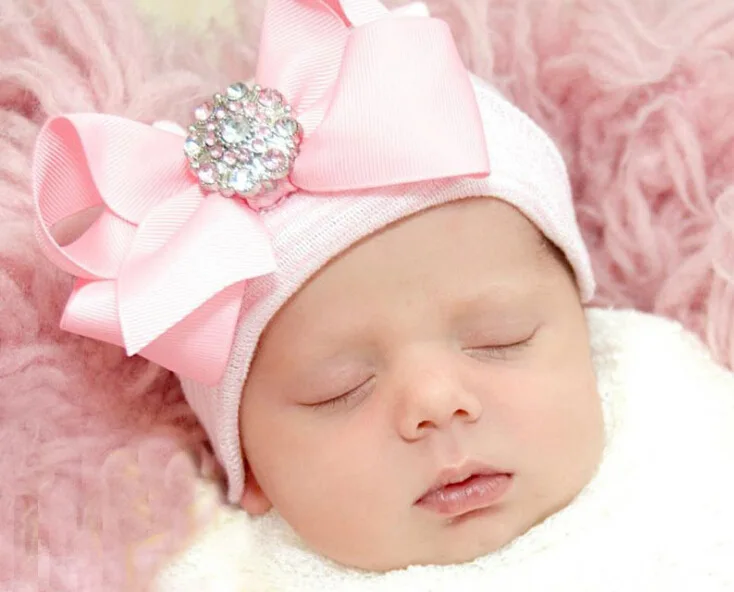 

Cotton Girls Baby Hat Big Bow Shine Diamond Photography Props Flower Knitted Beanies Toddler Girls Baby Accessories Caps