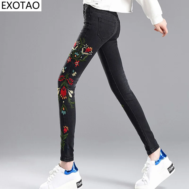 EXOTAO Embroideried зауженные джинсы для Для женщин Высокая талия узкие джинсовые штаны