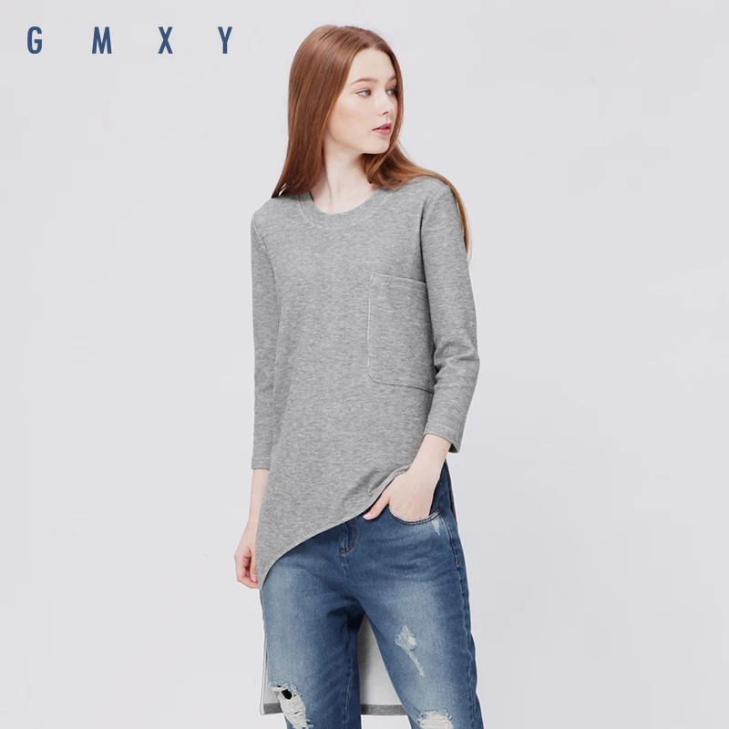 Gmxy 2017 спереди короткие и длинные скошенный футболка T765017 | Женская одежда