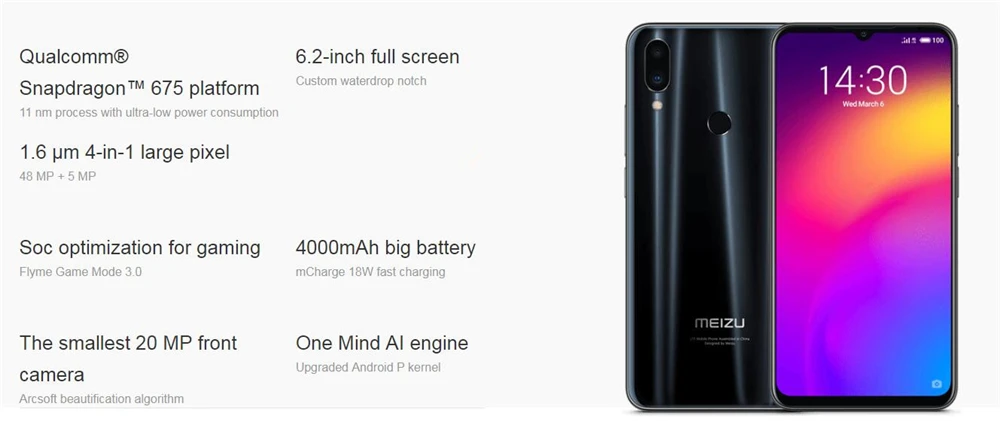 Meizu Note 9, 675 МП камера, 4 Гб ОЗУ, 64 Гб ПЗУ, 4G LTE, мобильный телефон Snapdragon 6,2, четыре ядра, 2244 дюймов, 1080 x p, FHD, отпечаток пальца