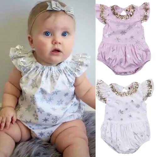 Кружевное боди без рукавов со снежинками и блестками для новорожденных девочек
