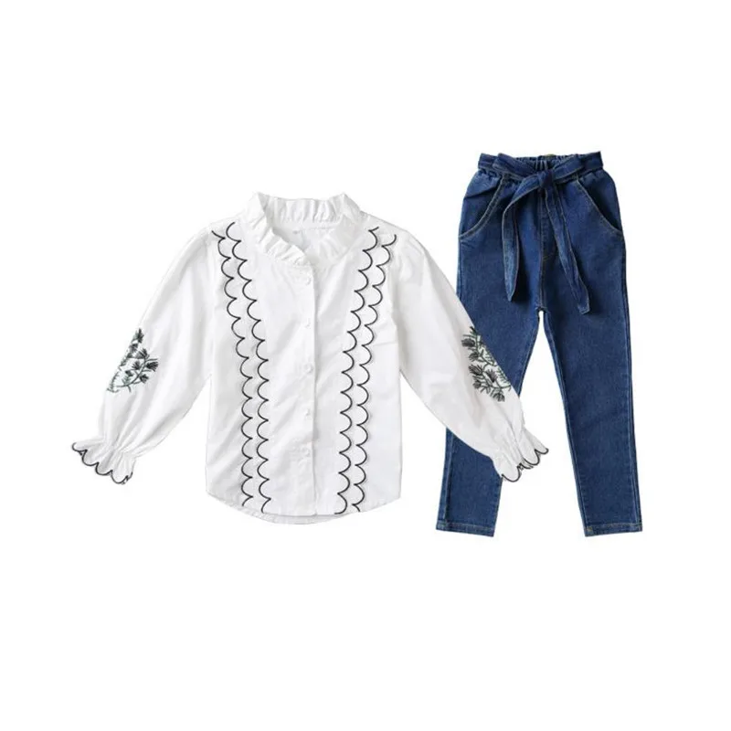 

DFXD High Quality Children Clothes 2018 Autumn Teen Girls Clothing Sets White Long Sleeve Embroidery Blouse+Long Jeans 2pc 3-14Y