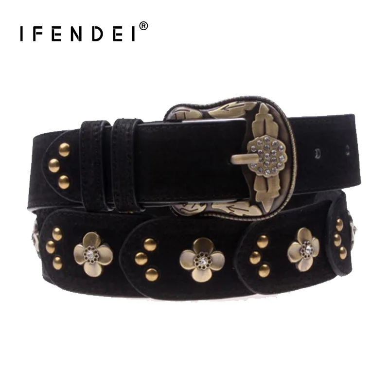 IFENDEI Diamond красный кожаный ремень модные заклепки цветочные повязки для Для женщин
