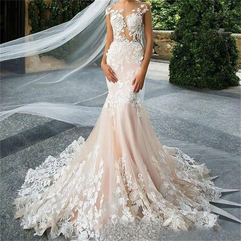 Sexy Backless Mermaid Wedding Dress Cap Sleeves Lace Applique Vestido De Novia Sweep Train Custom Made robe de mariee | Свадьбы и