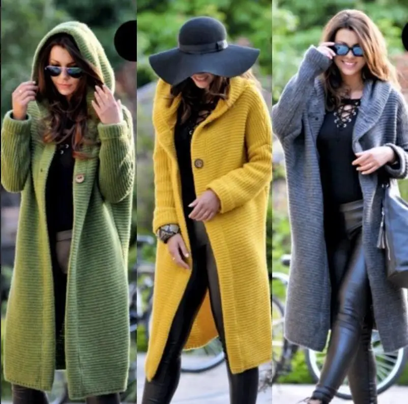 Hooded Cashmere Long Cardigan Women Long Sleeve Winter Sweater Knitted Female Woman Sweater Pocket Cardigan Feminino Coat