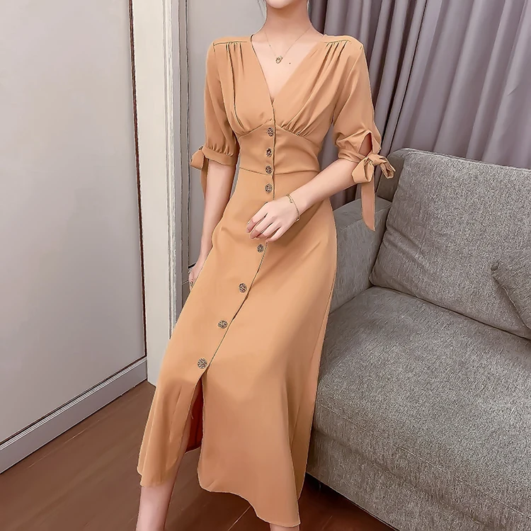 2019 new French retro single-breasted waist V-neck slim dress | Женская одежда