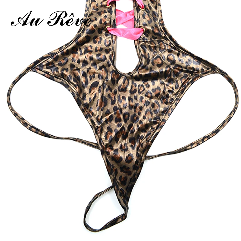 Au Reve Сексуальные Женщины Leopard Печати Комбинезон ПУ Кожа Латекс Винил Танца на