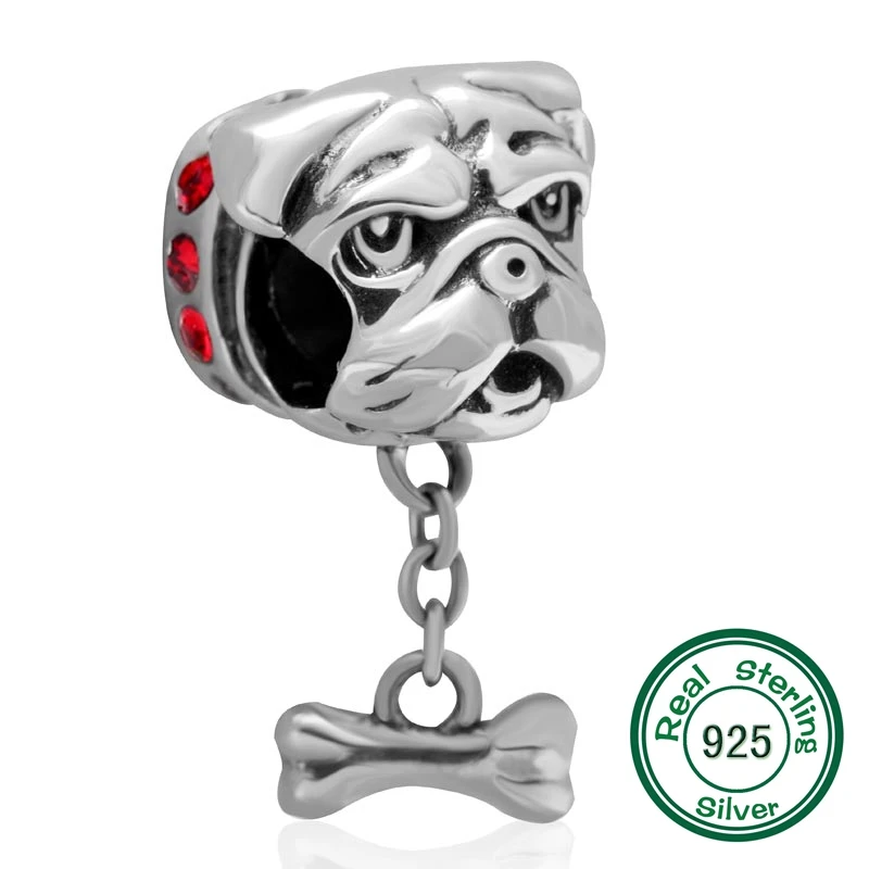 Аутентичные стерлингового серебра 925 пробы головы собаки и кости бусины Шарм с